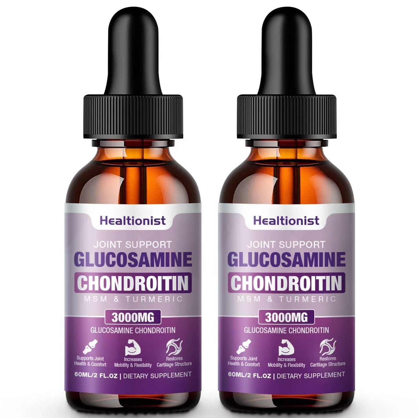 Healtionist 2 Pack Glucosamine Chondroitin MSM Liquid Drops - Extra Strength Joint Support (4 oz)