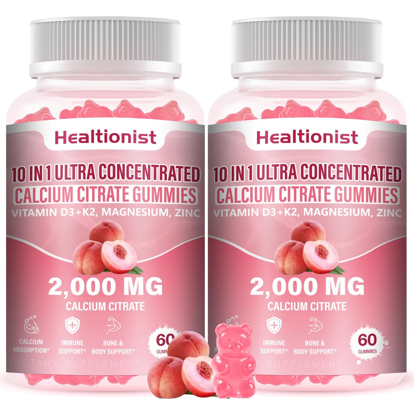 Healtionist 2000mg Calcium Citrate Gummies – D3 & K2, Peach Flavor