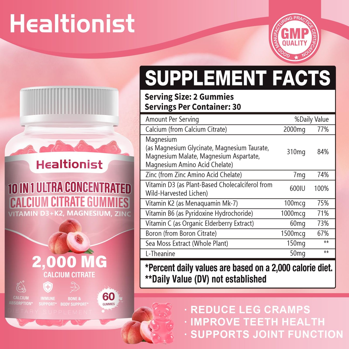 Healtionist 2000mg Calcium Citrate Gummies – D3 & K2, Peach Flavor