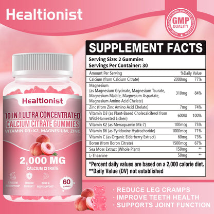 Healtionist 2000mg Calcium Citrate Gummies – D3 & K2, Peach Flavor