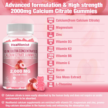 Healtionist 2000mg Calcium Citrate Gummies – D3 & K2, Peach Flavor