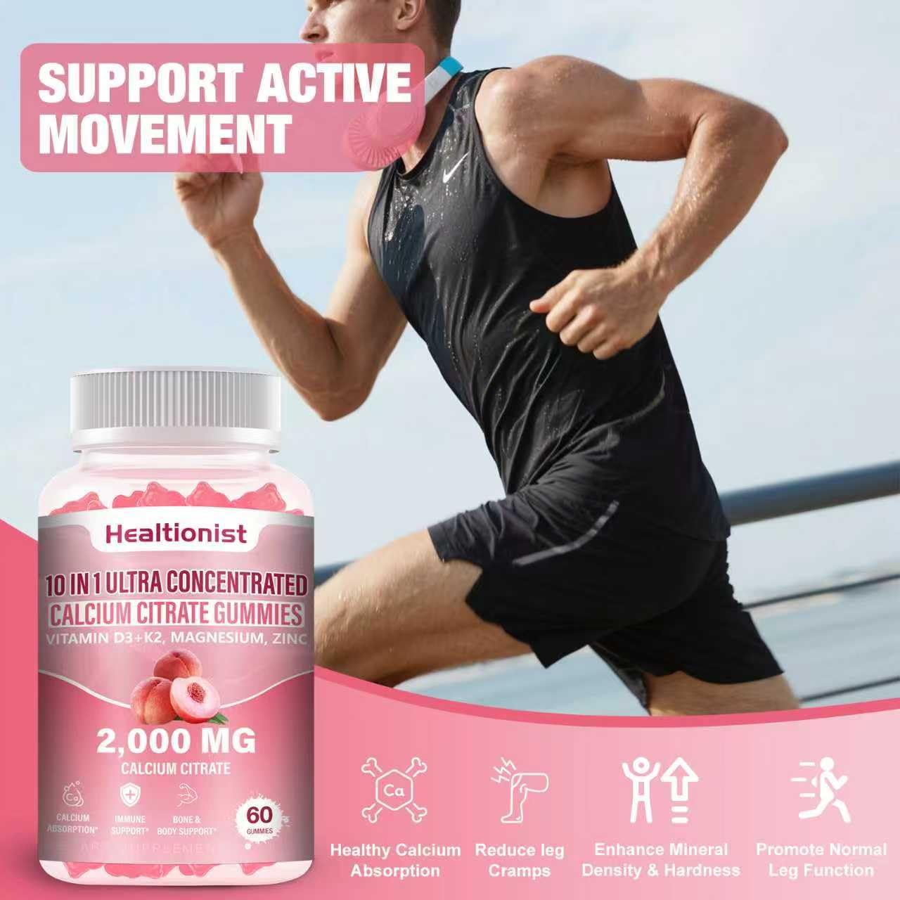 Healtionist 2000mg Calcium Citrate Gummies – D3 & K2, Peach Flavor