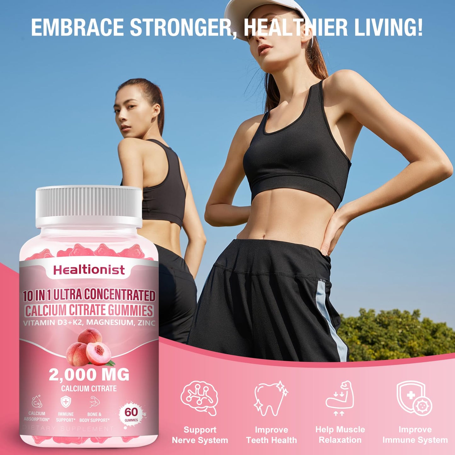 Healtionist 2000mg Calcium Citrate Gummies – D3 & K2, Peach Flavor