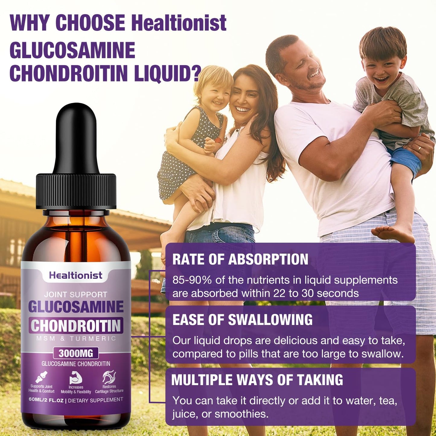 Healtionist 2 Pack Glucosamine Chondroitin MSM Liquid Drops - Extra Strength Joint Support (4 oz)