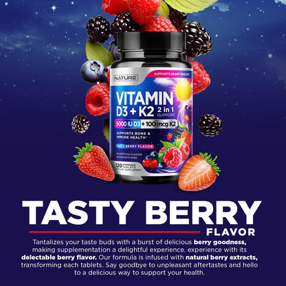 Vitamin D3 K2 Chewable 5000 IU + 100 mcg MK-7 – 2 in 1 Immune, Heart & Bone Support | Berry Flavor | Non-GMO | 120 Tablets