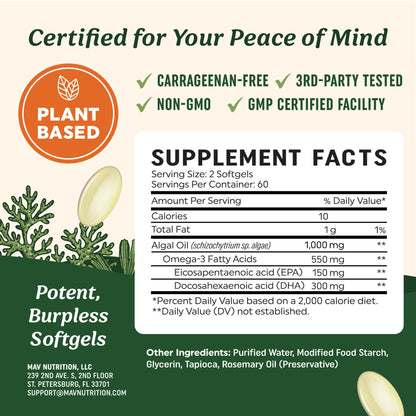 Vegan Omega-3 Algae Oil – Plant-Based DHA & EPA, Sustainably Sourced, 120 Softgels