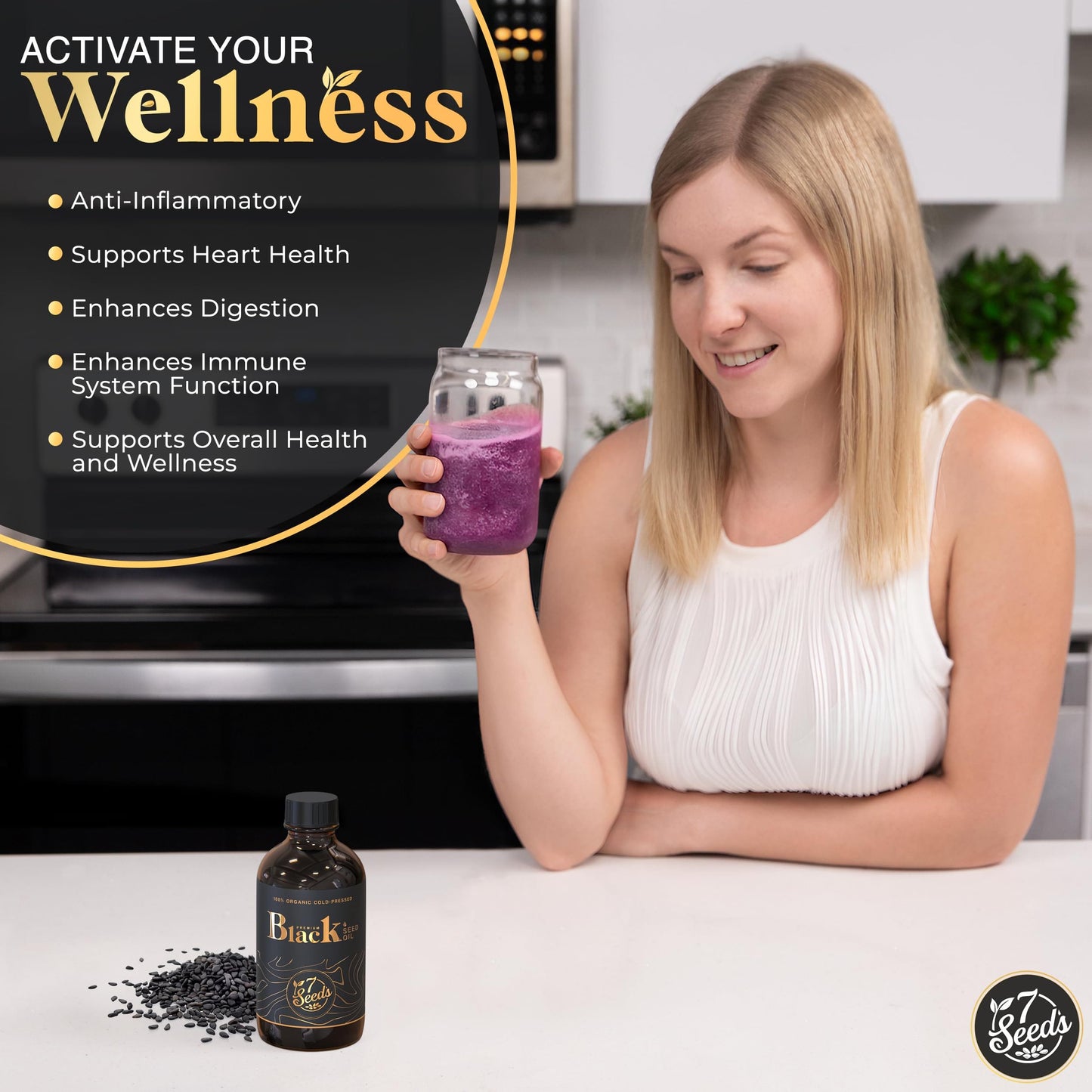 7 Seeds Cold Pressed Black Seed Oil - 240 ml Cold Pressed Nigella Sativa Liquid for Immune Support, Inflamation Support, Digestion, Hair & Skin (8 Fl Oz)