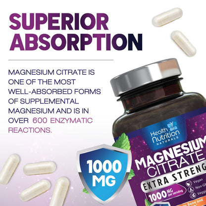 Magnesium Citrate Capsules 1000mg – Max Absorption for Muscle, Nerve, Bone & Heart Health | Gluten Free, Non-GMO | 120 Capsules