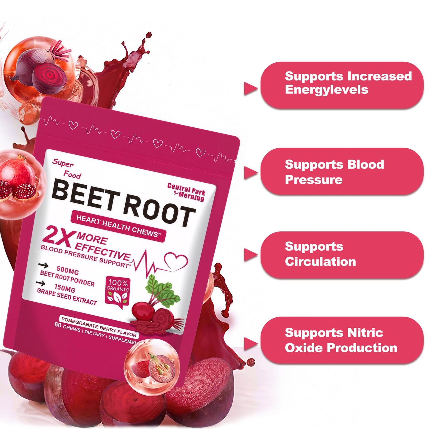 Central Park Beet Root Chews – 2-in-1 Beet & Grape Seed for Heart Health & Energy