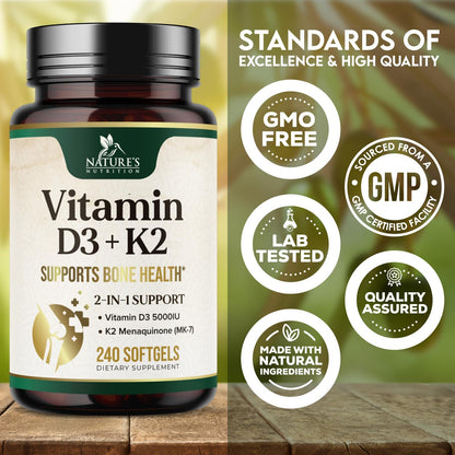 Vitamin D3 K2 5000 IU Plus with K2 MK-7 - 240 Softgels | Non-GMO