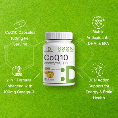CoQ10 100mg + Omega-3 100mg – 240 Capsules | Heart, Brain & Energy Support | Non-GMO