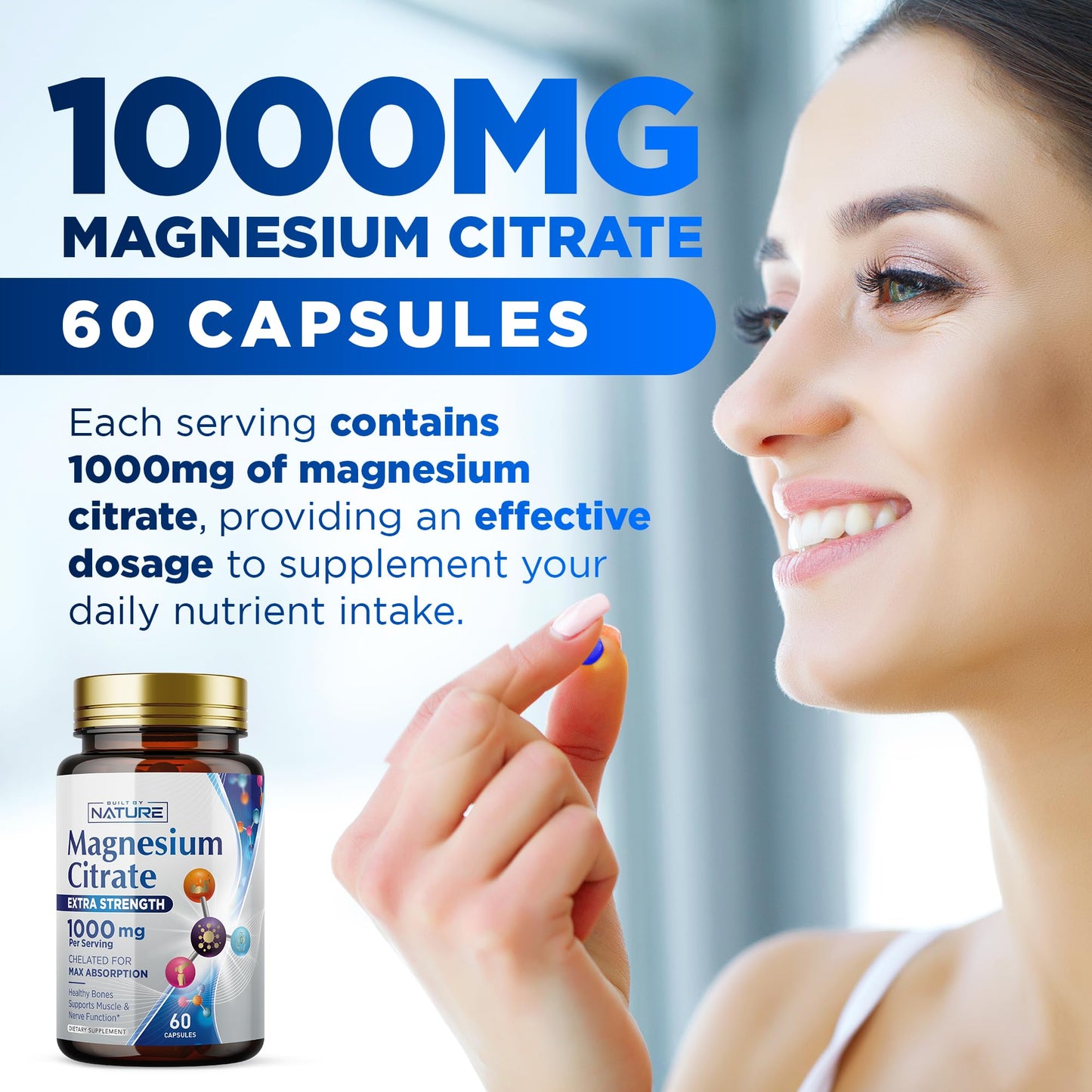 Magnesium Citrate 1000mg - Max Absorption & High Potency Magnesium Complex Supplement for Heart, Muscle, Nerve, Bone Health & Stress Relief - Non-GMO, Gluten-Free - 60 Vegan Capsules