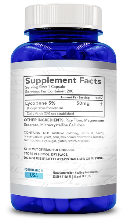 Naturally Derived Lycopene Supplement | Tomato-Based 50mg | Heart & Prostate Support | Vegan Non-GMO & Made in USA | 200 Veggie Capsules