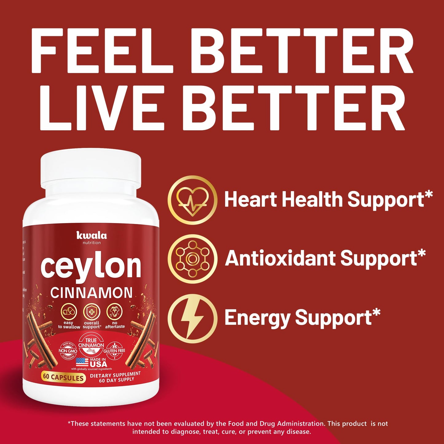 Kwala Nutrition Ceylon Cinnamon – Organic Cinnamon for Heart & Antioxidant Support | 60 Capsules