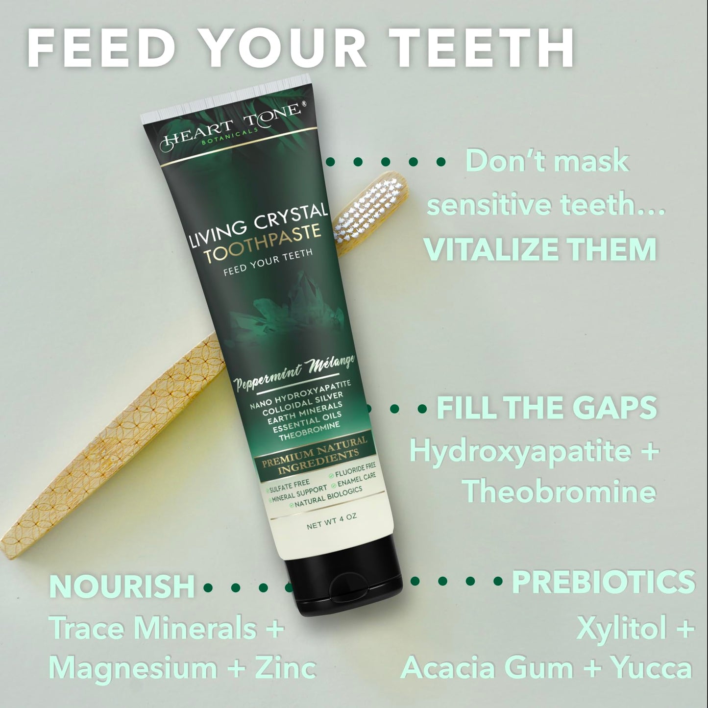 Heart Tone Botanicals Living Crystal Toothpaste - Fluoride Free & Remineralizing Nano Hydroxyapatite