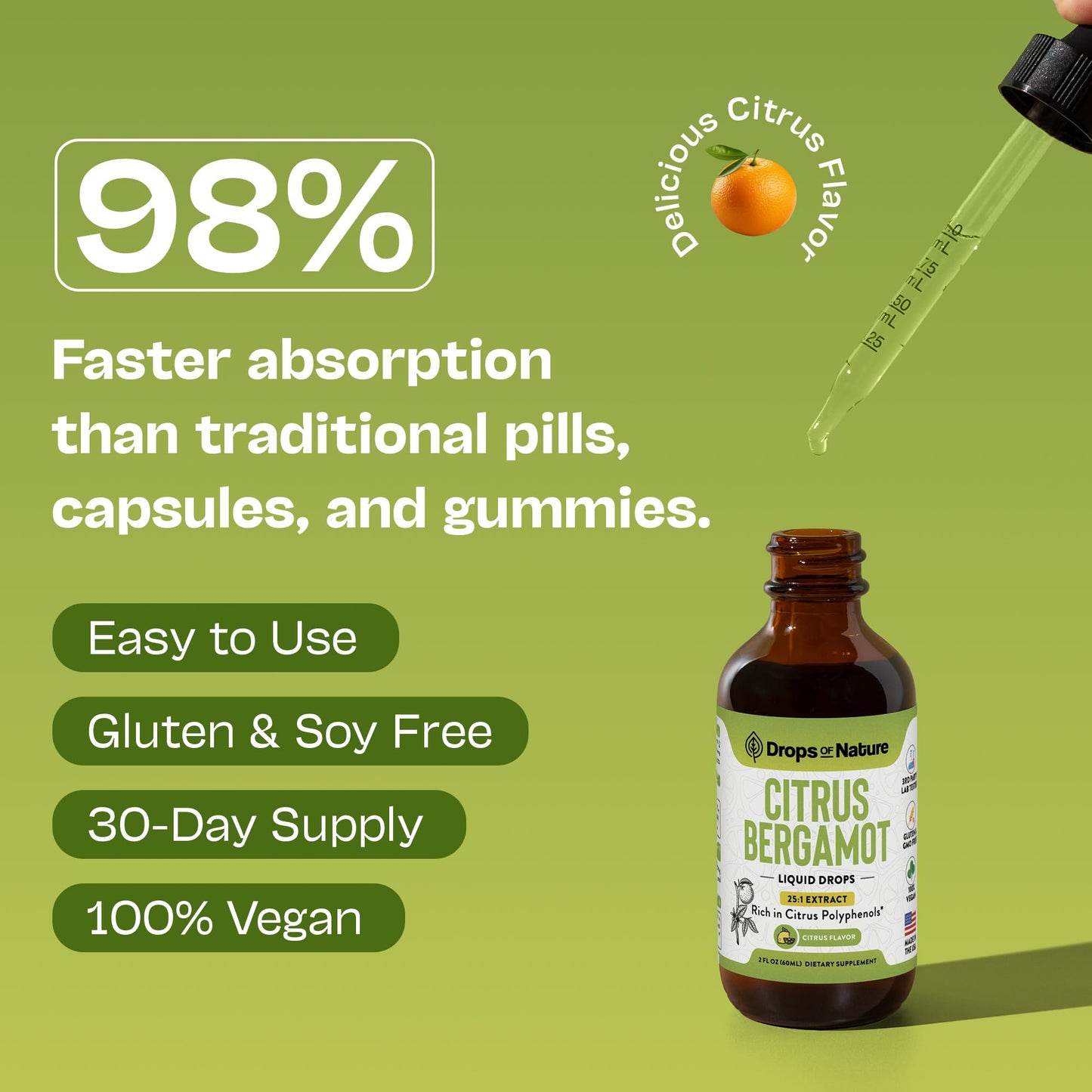 Citrus Bergamot Extract 25:1 Liquid Drops – Vegan & Gluten-Free | Heart Wellness & Metabolic Support