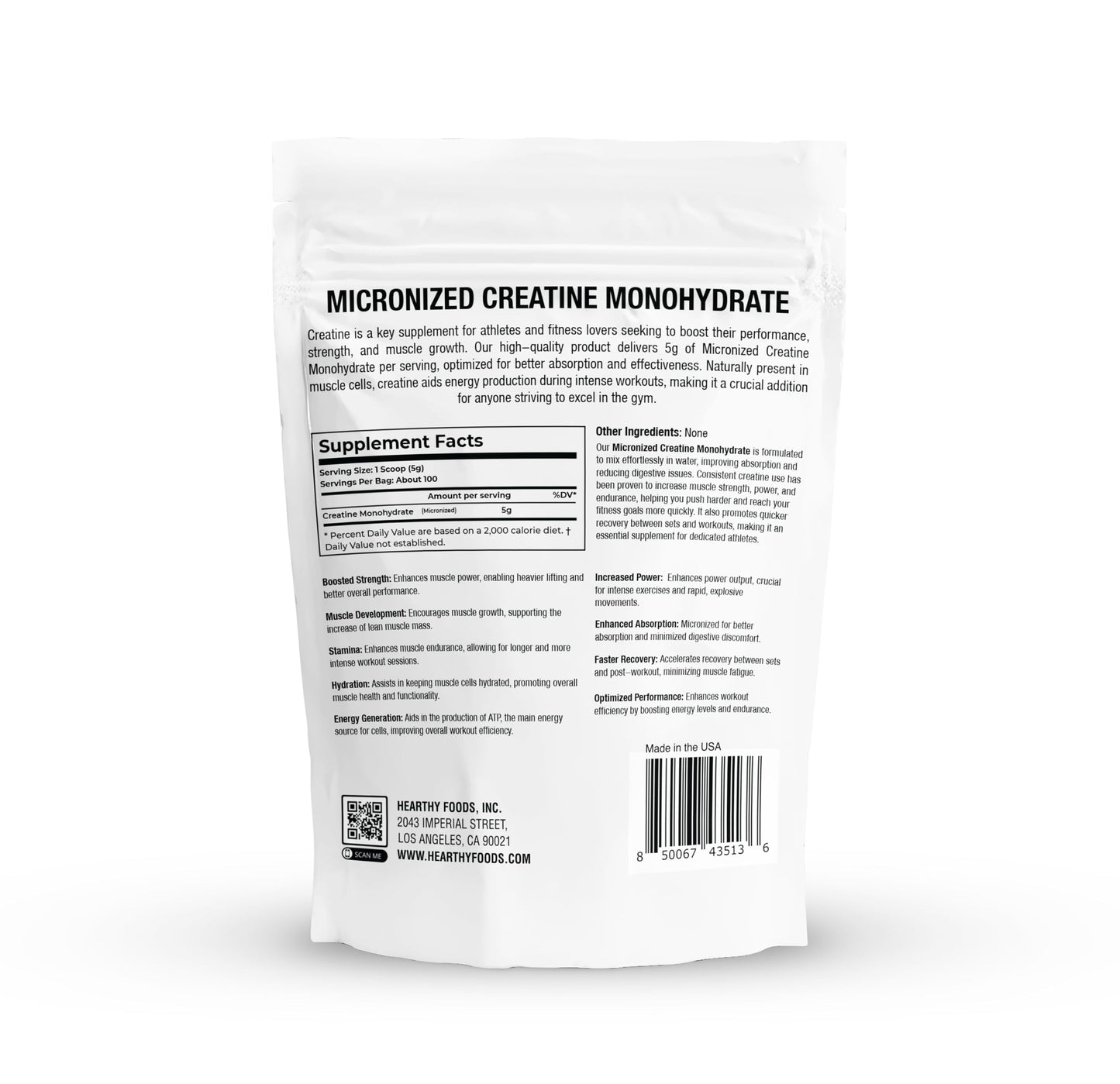 Hearthy Foods Creatine Monohydrate Micronized Powder 500g | 100 Servings, Unflavored