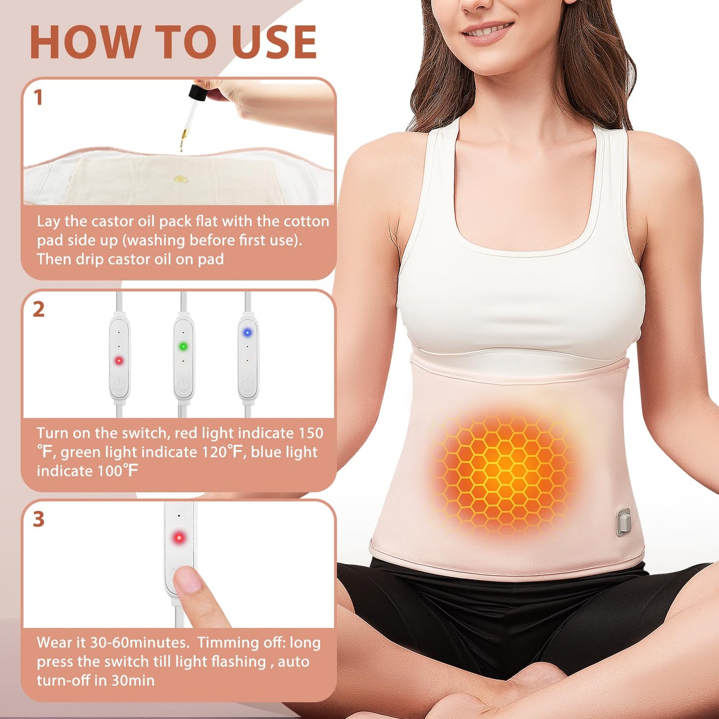 Heated Castor Oil Pack Wrap – Organic Cotton Heating Pad with Water-Repellent Pads