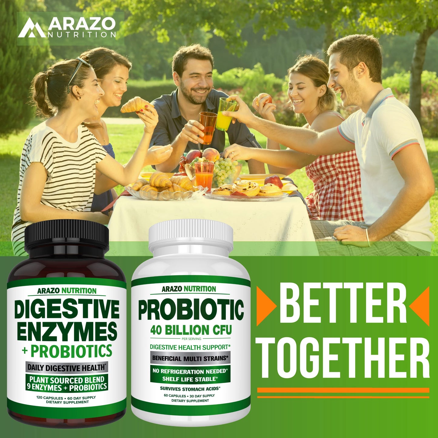 Arazo Nutrition Digestive Enzymes with Probiotics – Multi-Enzyme Digestive Supplement (120 Pills x 2 Pack)
