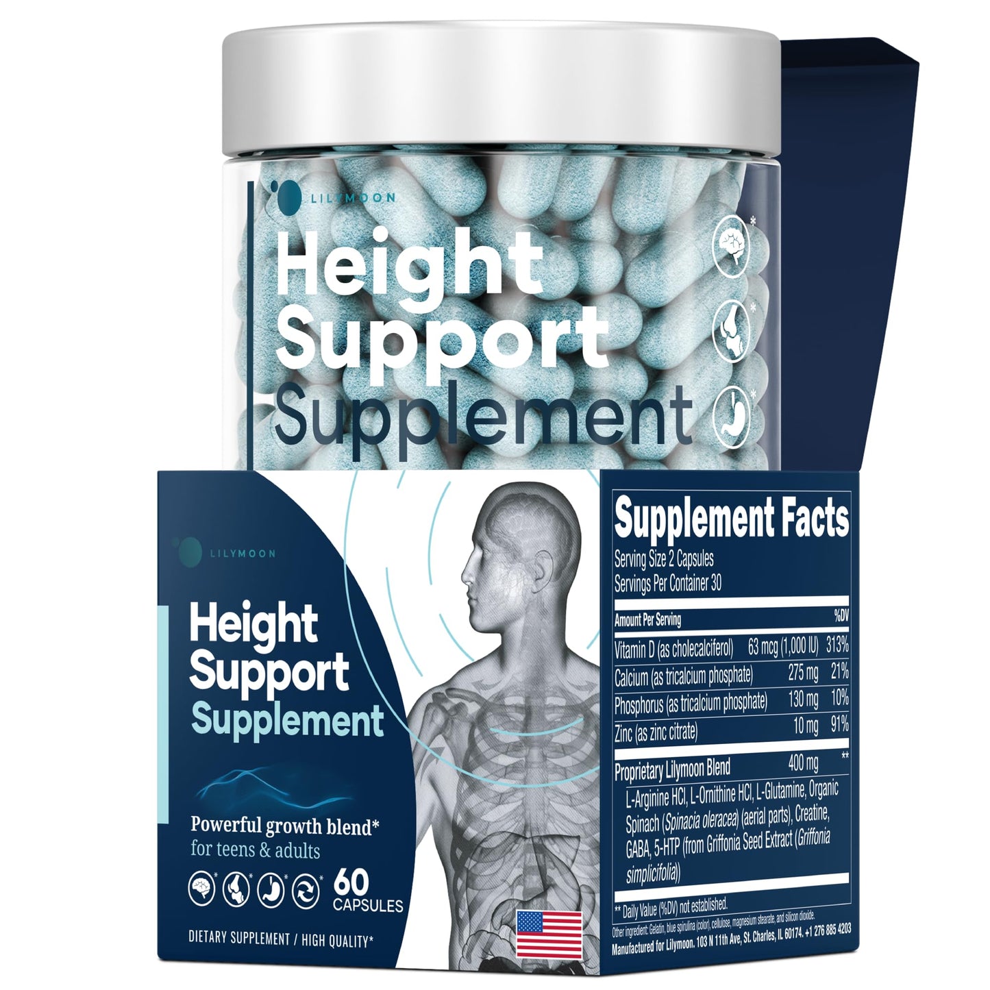 LilyMoon Height and Bone Support for Kids and Teens | Calcium Vitamin D Zinc 60 Caps
