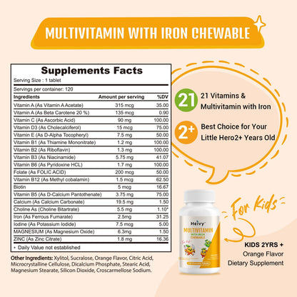 Heivy Children Multivitamin Chewable – 120 Tablets | Vitamin D3, C & B-Complex