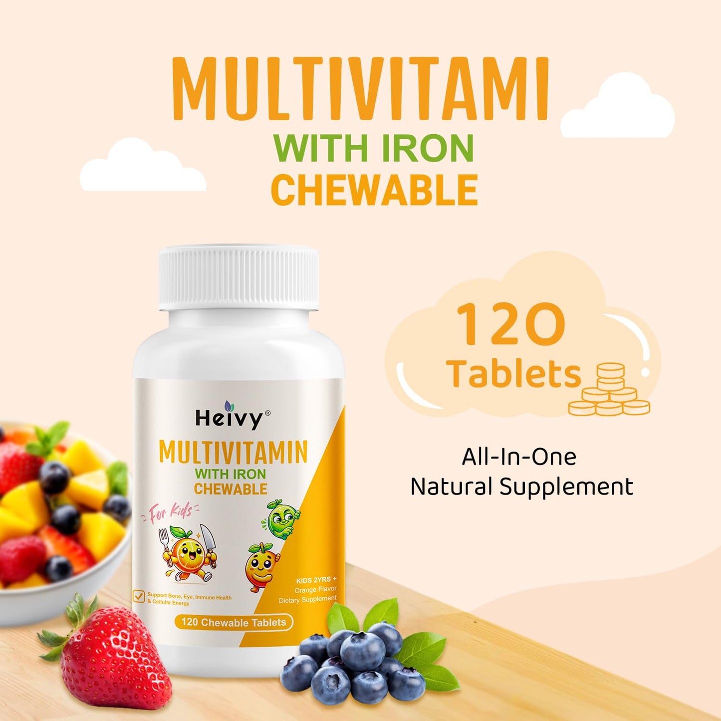 Heivy Children Multivitamin Chewable – 120 Tablets | Vitamin D3, C & B-Complex