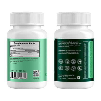 Heivy Magnesium Oxide 400mg – Magnesium Supplement for Muscle Recovery & Relaxation | Vegan, Gluten-Free, Made in USA