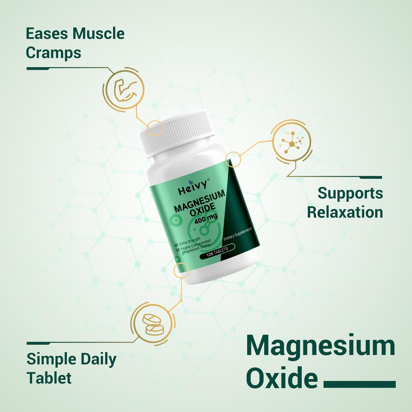 Heivy Magnesium Oxide 400mg – Magnesium Supplement for Muscle Recovery & Relaxation | Vegan, Gluten-Free, Made in USA