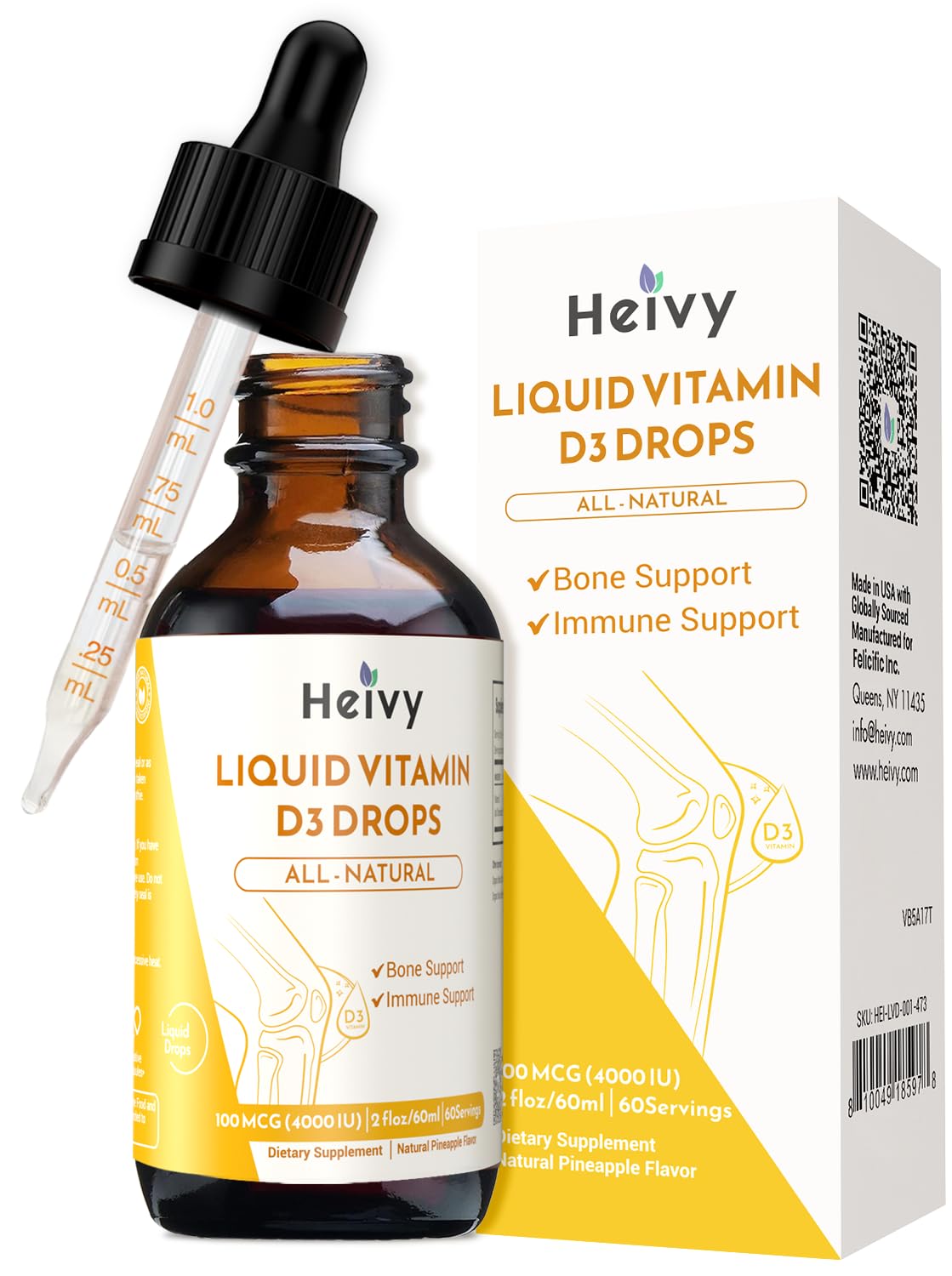 Heivy Vitamin D Drops 4000 IU (100 mcg) – D3 for Bone Health | Pineapple Flavor | Made in USA | 60 Servings