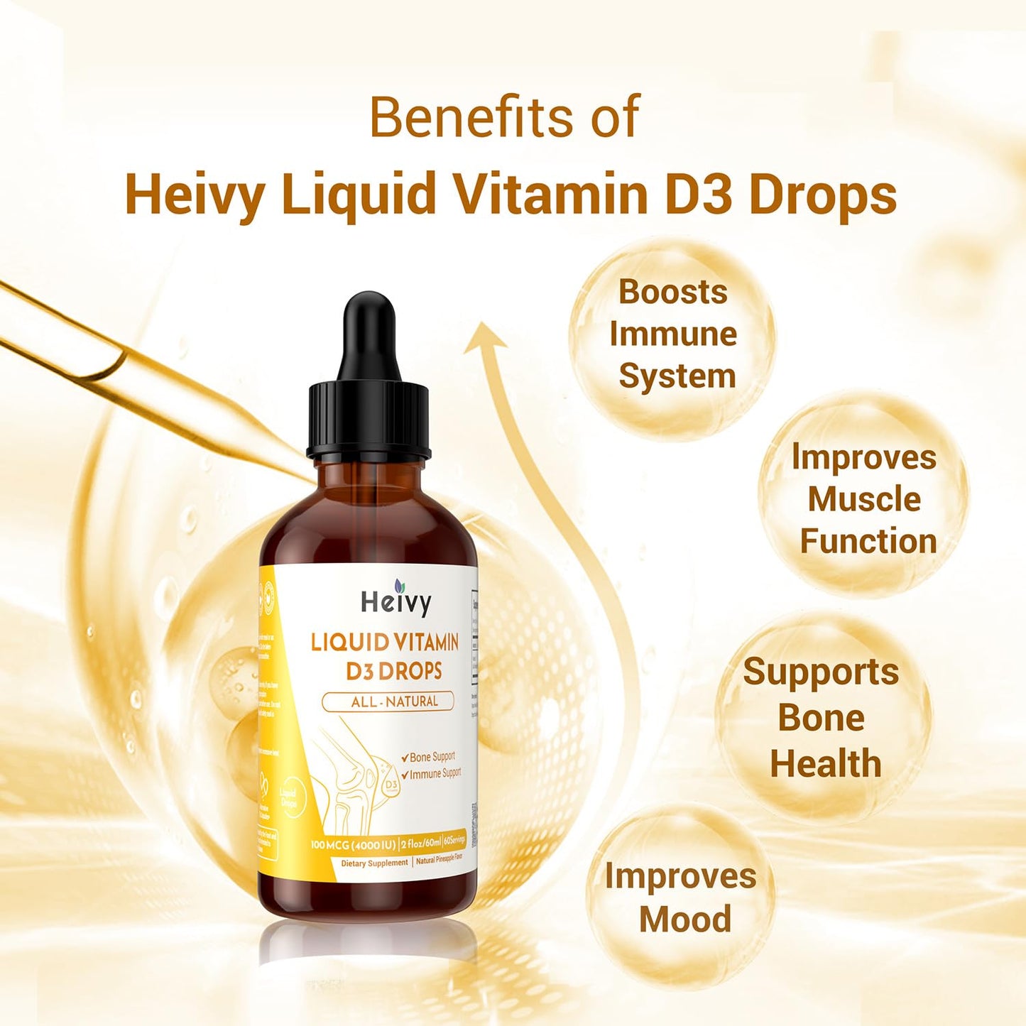 Heivy Vitamin D Drops 4000 IU (100 mcg) – D3 for Bone Health | Pineapple Flavor | Made in USA | 60 Servings