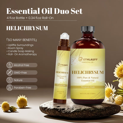 Helichrysum Essential Oil Set: 4 oz Bottle + 0.34 oz Roll-On