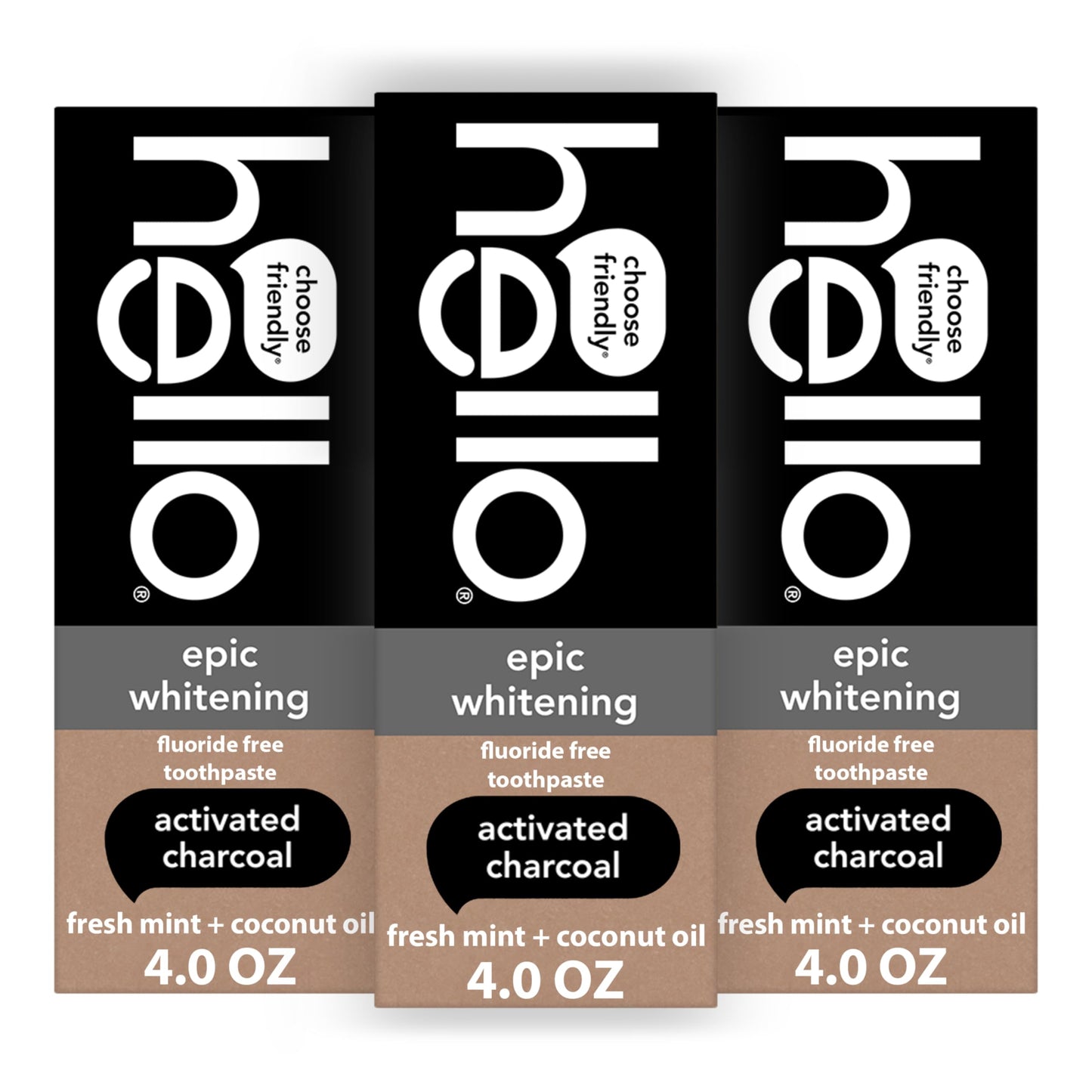 Hello Epic Whitening Charcoal Toothpaste – Fluoride Free, SLS Free, 3-Pack, 4.0 oz Tubes