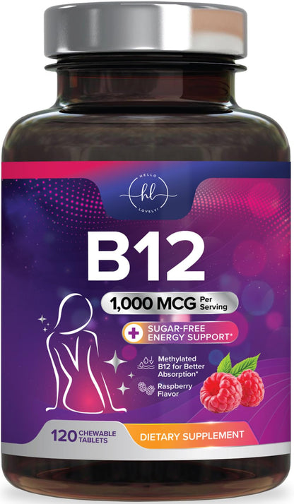 Hello Lovely! B12 Vitamin Chewables 1000 mcg - Energy & Immune Support - Gluten & Sugar Free (120 Chewables)
