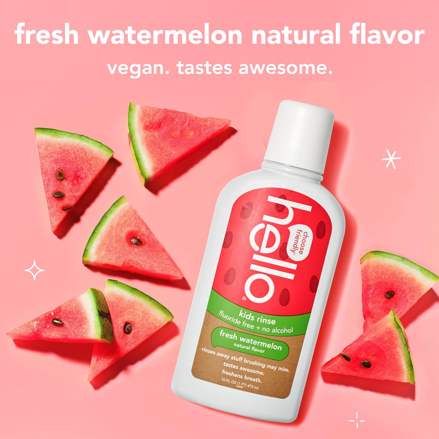 Hello Natural Watermelon Kids Mouthwash - Fluoride Free, Alcohol Free, SLS Free, Vegan (16 oz x3)