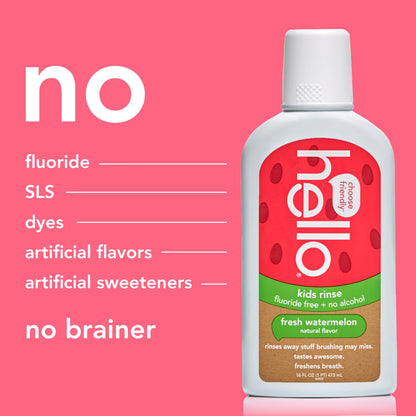Hello Natural Watermelon Kids Mouthwash - Fluoride Free, Alcohol Free, SLS Free, Vegan (16 oz x3)