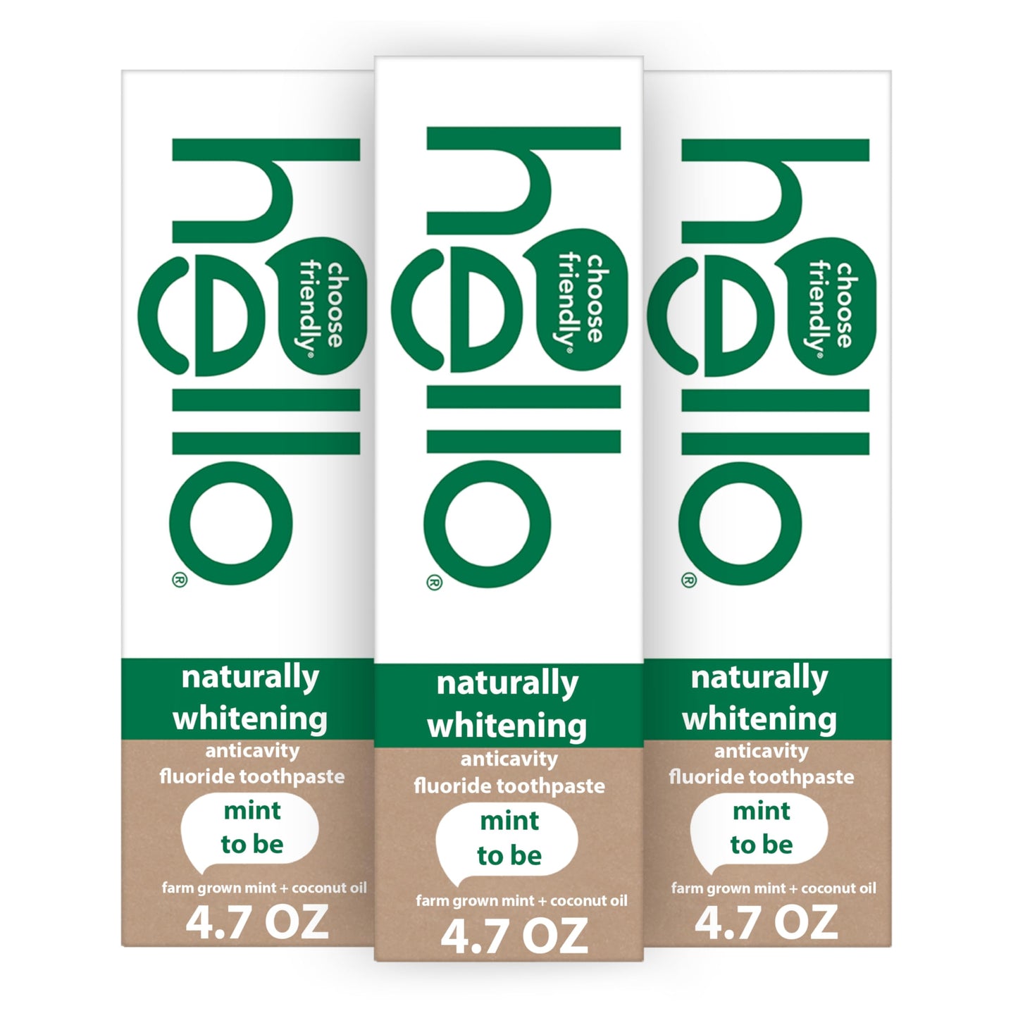 hello Naturally Whitening Fluoride Toothpaste — Mint, 3 Pack (4.7 oz tubes)