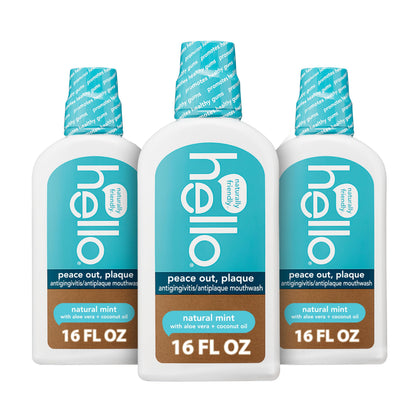 Hello Peace Out Plaque Mouthwash – Fluoride Free, Alcohol Free, Vegan (3x16 oz)