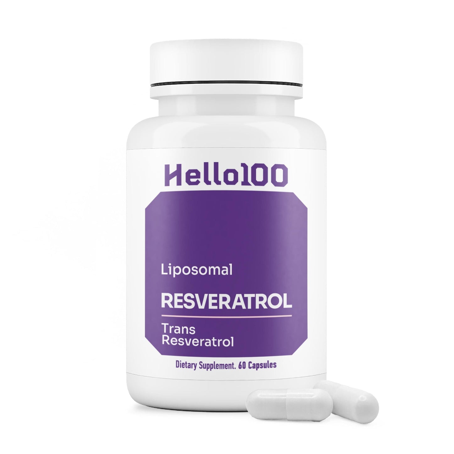 HELLO100 High Purity Liposomal Trans-Resveratrol Supplement - 250mg Capsule, 60 Vegan Capsules | 98% Purity