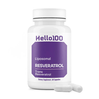 HELLO100 High Purity Liposomal Trans-Resveratrol Supplement - 250mg Capsule, 60 Vegan Capsules | 98% Purity