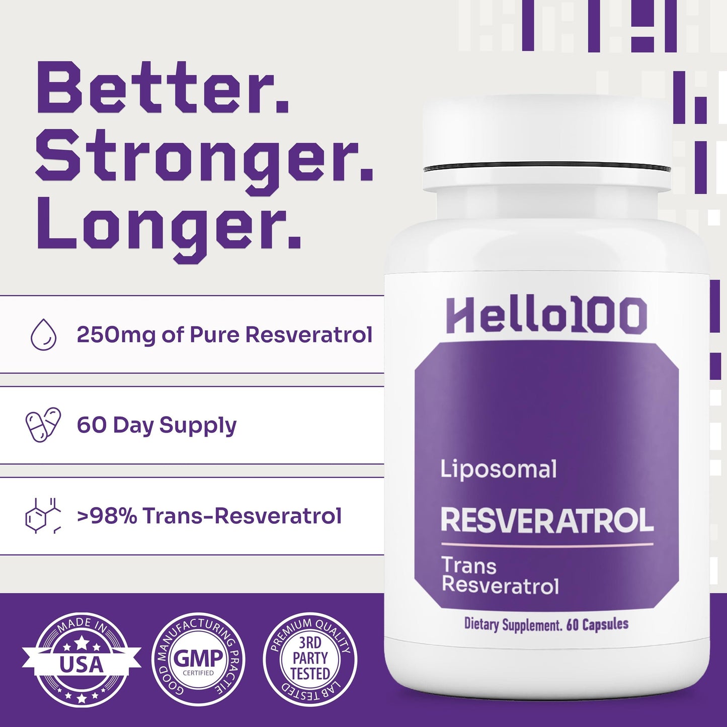 HELLO100 High Purity Liposomal Trans-Resveratrol Supplement - 250mg Capsule, 60 Vegan Capsules | 98% Purity
