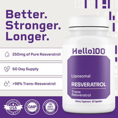 HELLO100 High Purity Liposomal Trans-Resveratrol Supplement - 250mg Capsule, 60 Vegan Capsules | 98% Purity