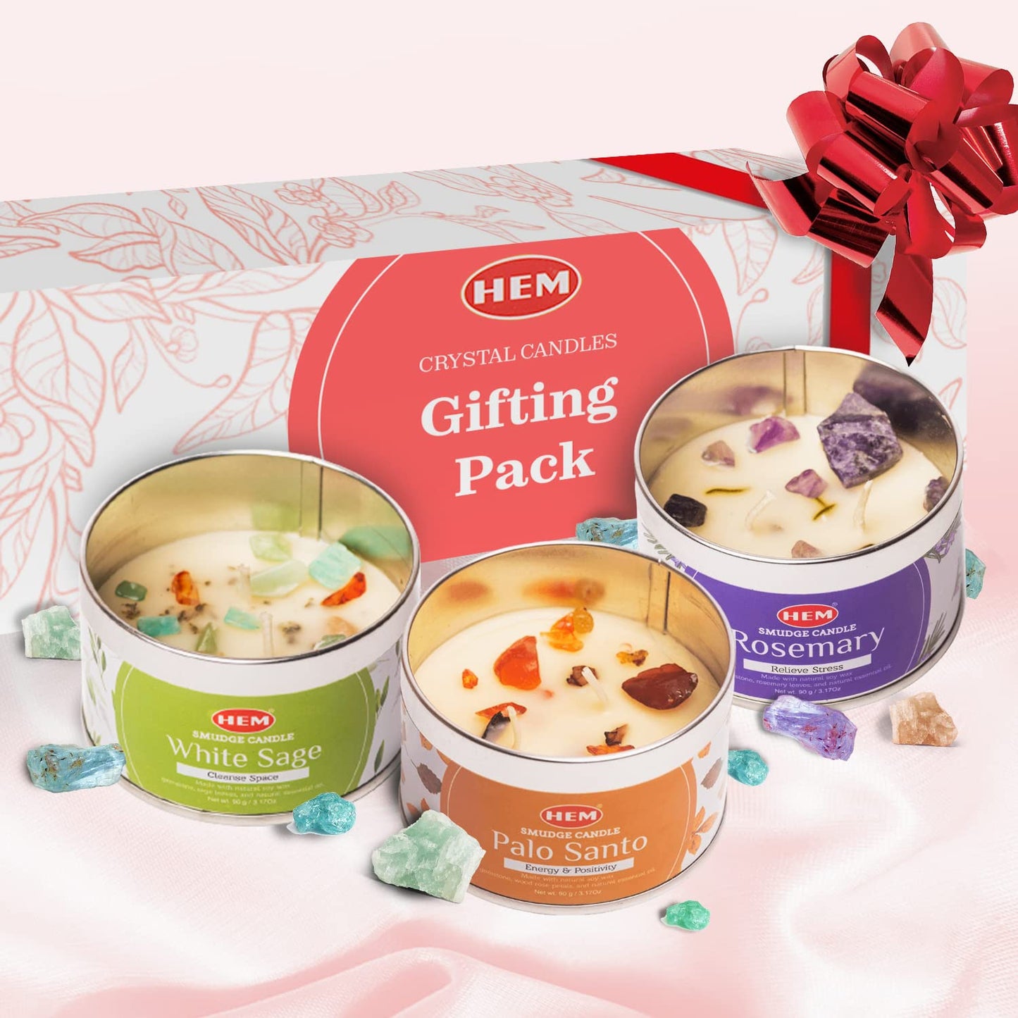 HEM Crystal Candle Gift Set - 3 Natural Soy Wax Candles (9.5 oz) | White Sage, Palo Santo & Rosemary - 65-Hour Burn