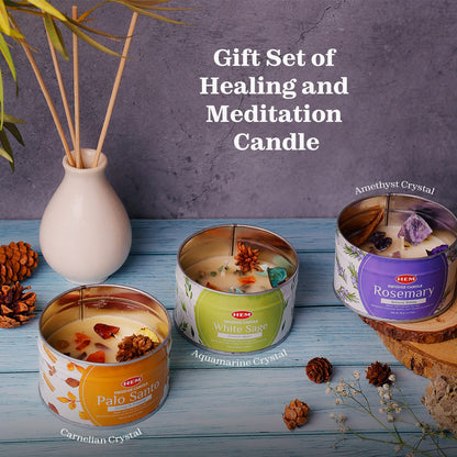 HEM Crystal Candle Gift Set - 3 Natural Soy Wax Candles (9.5 oz) | White Sage, Palo Santo & Rosemary - 65-Hour Burn