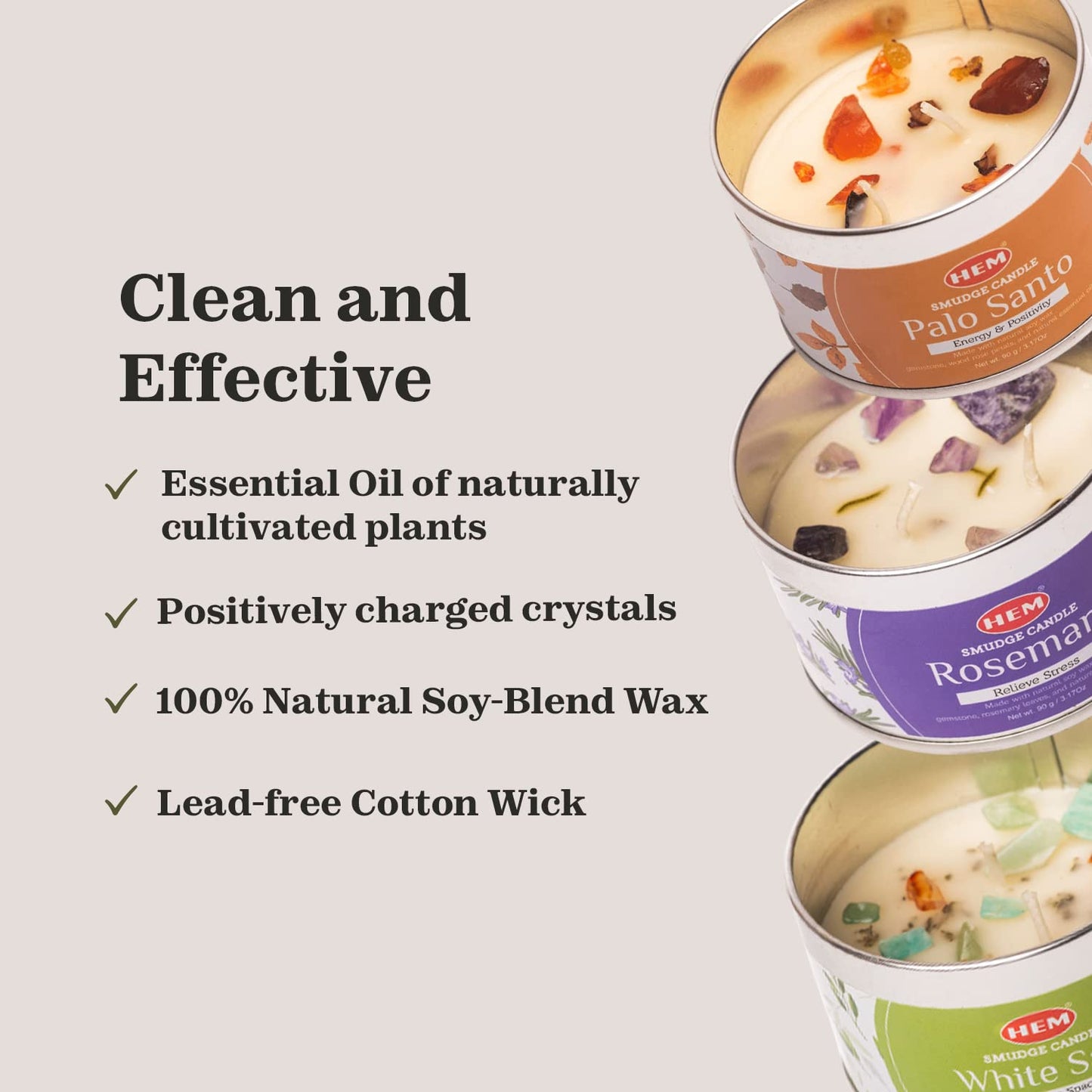HEM Crystal Candle Gift Set - 3 Natural Soy Wax Candles (9.5 oz) | White Sage, Palo Santo & Rosemary - 65-Hour Burn