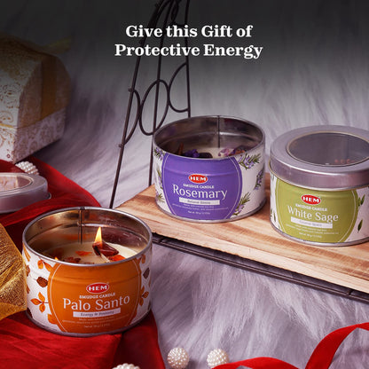 HEM Crystal Candle Gift Set - 3 Natural Soy Wax Candles (9.5 oz) | White Sage, Palo Santo & Rosemary - 65-Hour Burn