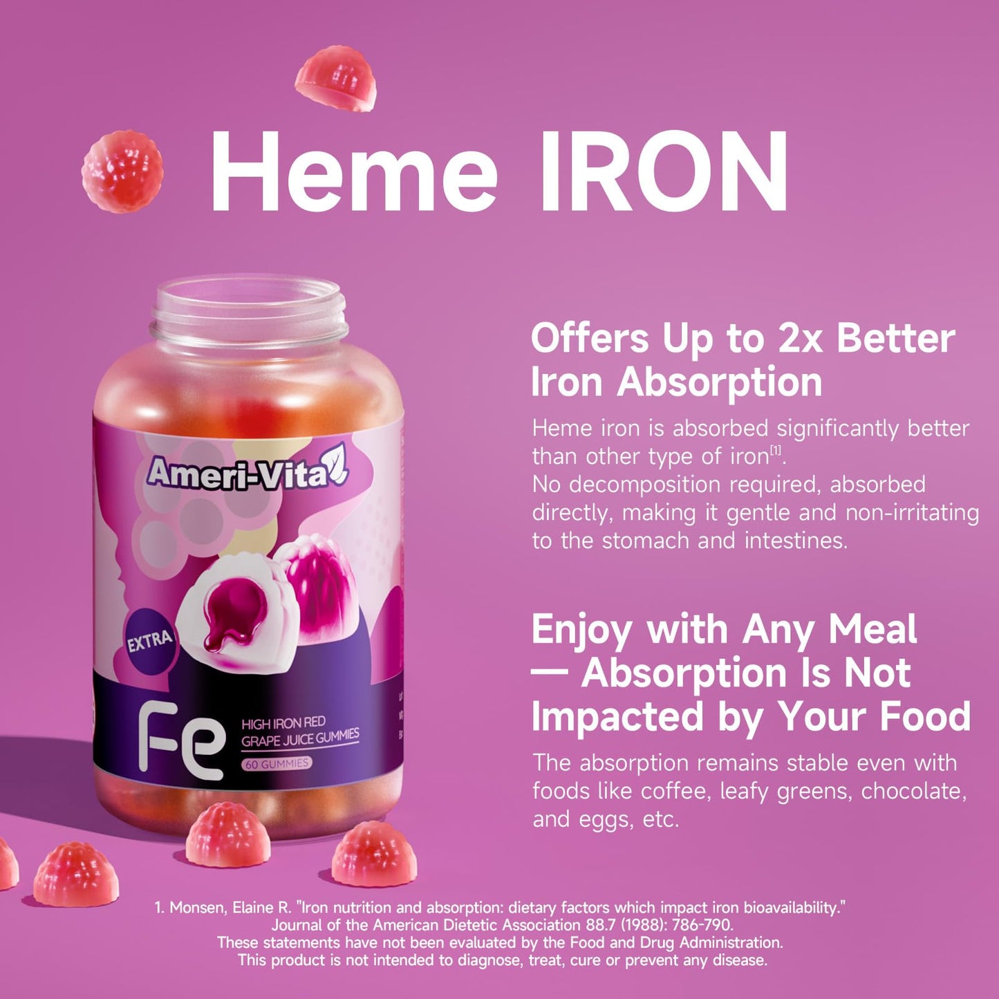 Heme Iron Gummies for Women with Salmon Peptides – Gentle, Sugar-Free for Anemia Support (60 ct)