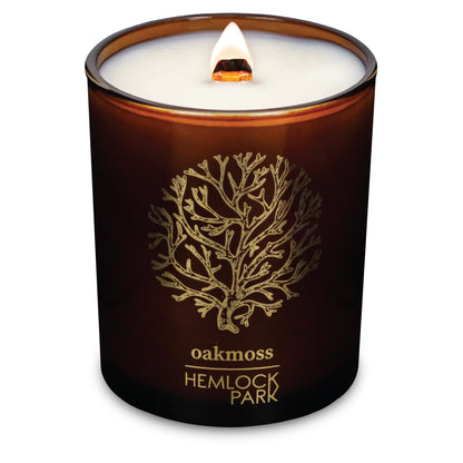 Hemlock Park Amber & Gold Wood Wick Candle – Handcrafted with Natural Coconut Wax (7.2 oz, Oakmoss)
