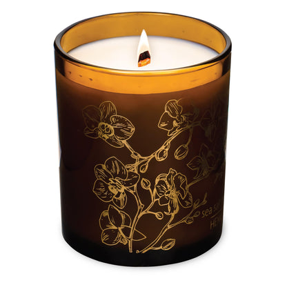 Hemlock Park Amber Gold Leaf Glass Wood Wick Candle – Handcrafted Coconut Wax (7.2 oz, Sea Salt Orchid)