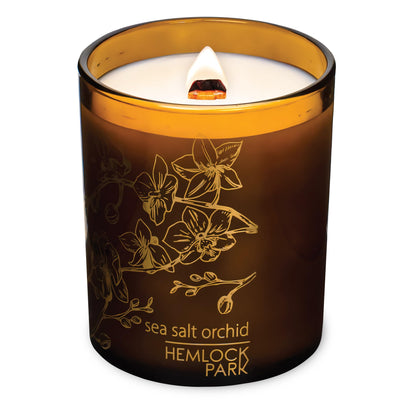 Hemlock Park Amber Gold Leaf Glass Wood Wick Candle – Handcrafted Coconut Wax (7.2 oz, Sea Salt Orchid)