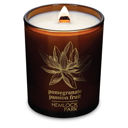 Hemlock Park Amber & Gold Wood Wick Candle – Handcrafted Coconut Wax, 7.2 oz, Pomegranate Passion Fruit
